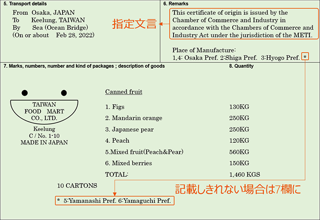 原産地証明書　台湾向け日本食品指定文言